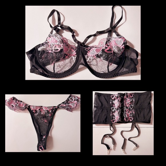 Pink Hearts On Black Lingerie Corset Set with Lace Embellishments - Picture 6 of 6